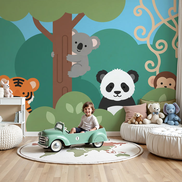 Carta da parati bambini | Animali della giungla giocosi