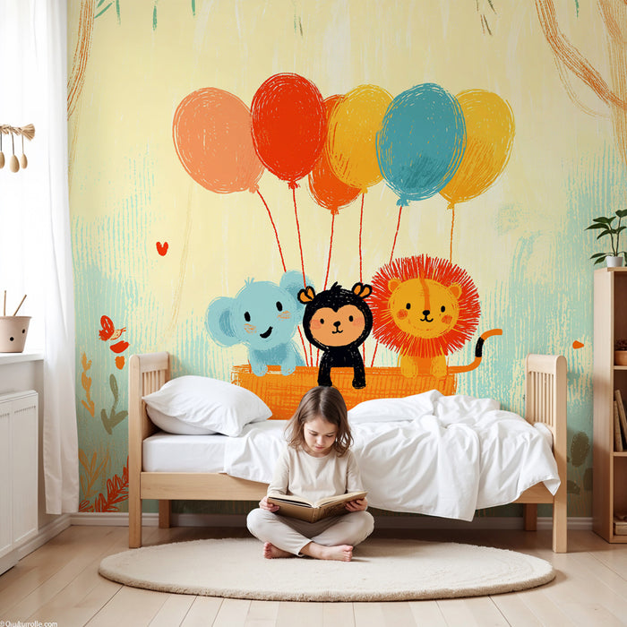 Papel de parede quarto bebê | Živali v balonu v gozdu