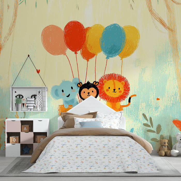 Papel de parede quarto bebê | Živali v balonu v gozdu