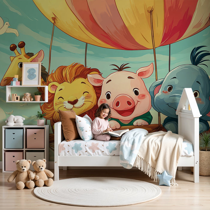 Papier peint chambre bébé | Animaux en montgolfière dans les nuages