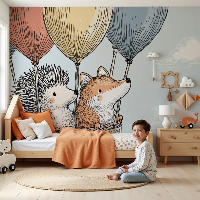 Papel de parede quarto bebê | Животни в горещ въздушен балон и синьо небе