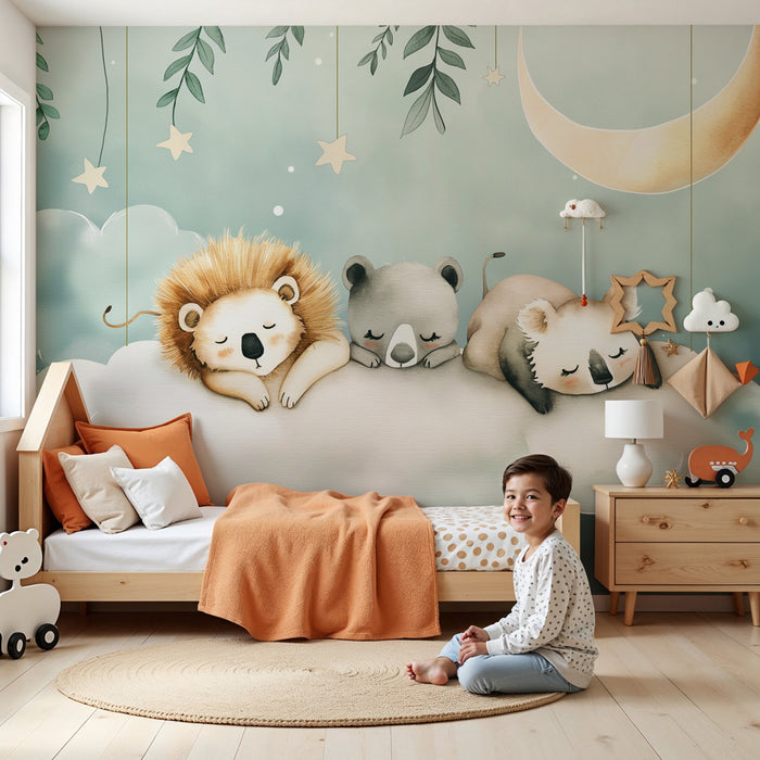 Papier peint chambre bébé | Animaux endormis sur un nuage avec lune et étoiles