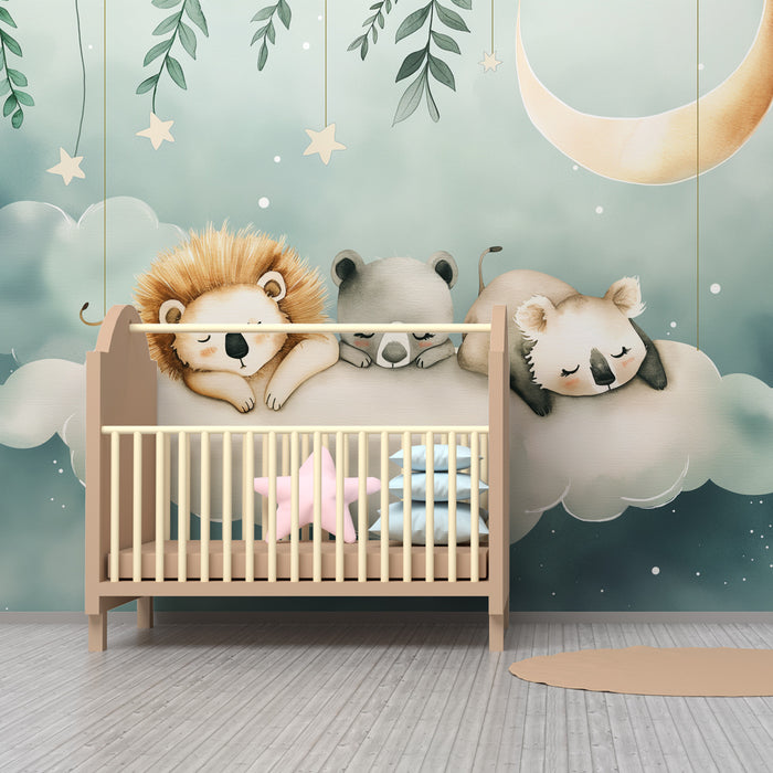 Papier peint chambre bébé | Animaux endormis sur un nuage avec lune et étoiles