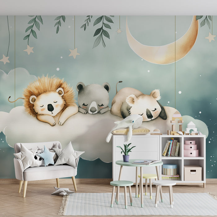Papier peint chambre bébé | Animaux endormis sur un nuage avec lune et étoiles