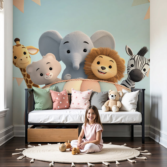Babykamer behang | Schattige dieren in luchtballon