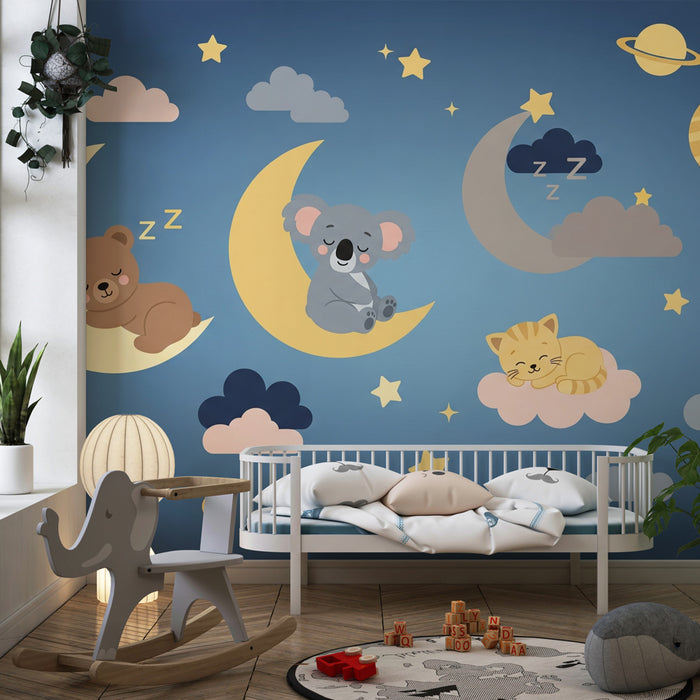 Babyzimmer Tapete | Niedliche Tiere unter einem Sternenhimmel