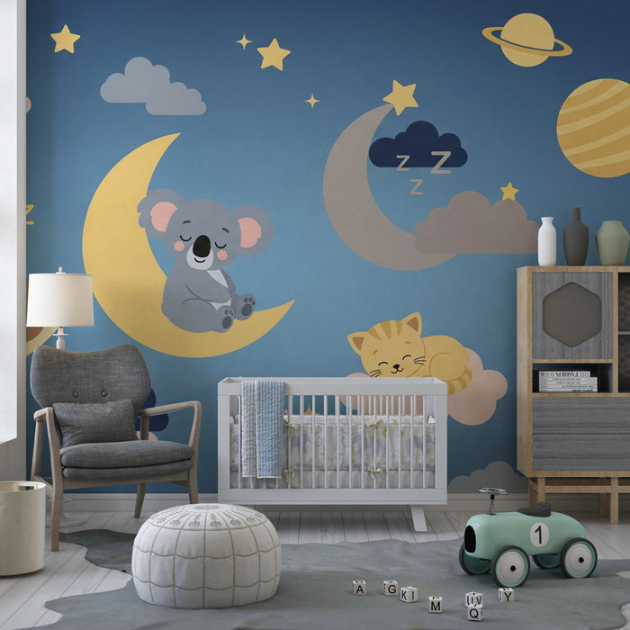 Babyzimmer Tapete | Niedliche Tiere unter einem Sternenhimmel
