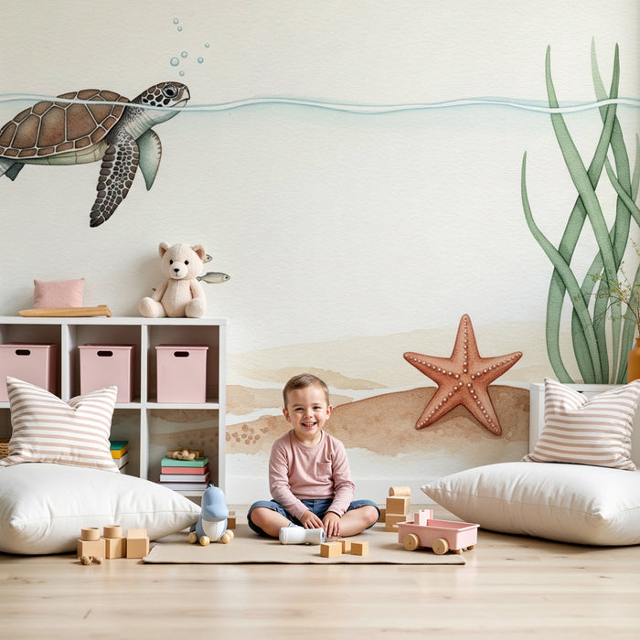 Papier peint chambre bébé | Aventure sous-marine avec une tortue et une étoile de mer