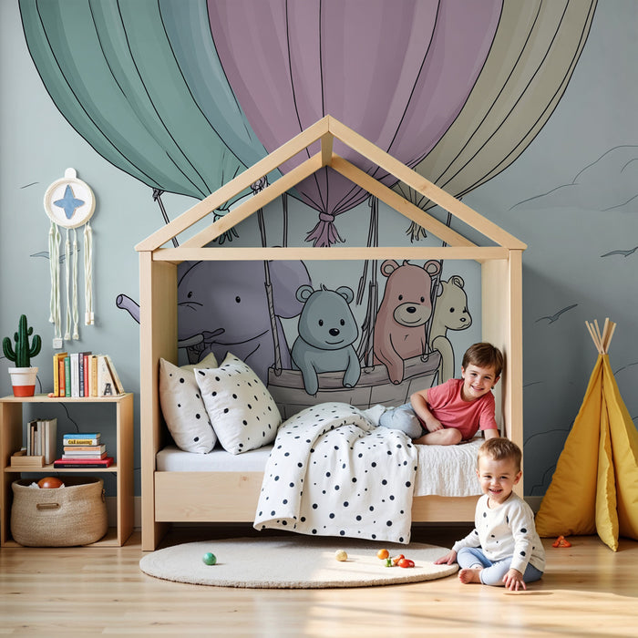 Papier peint chambre bébé | Aventures en montgolfière avec des animaux mignons