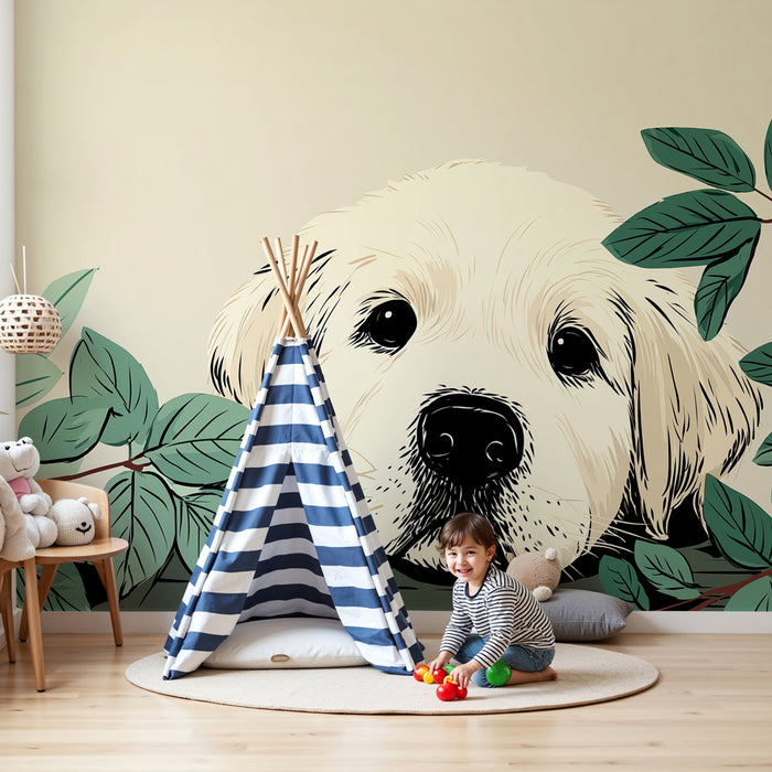 Papier peint chambre bébé | Chien câlin au milieu de la nature