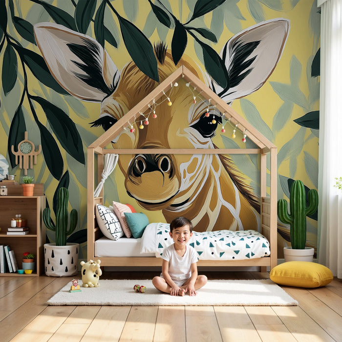 Papel de parede quarto bebê | Doce girafa entre as folhagens