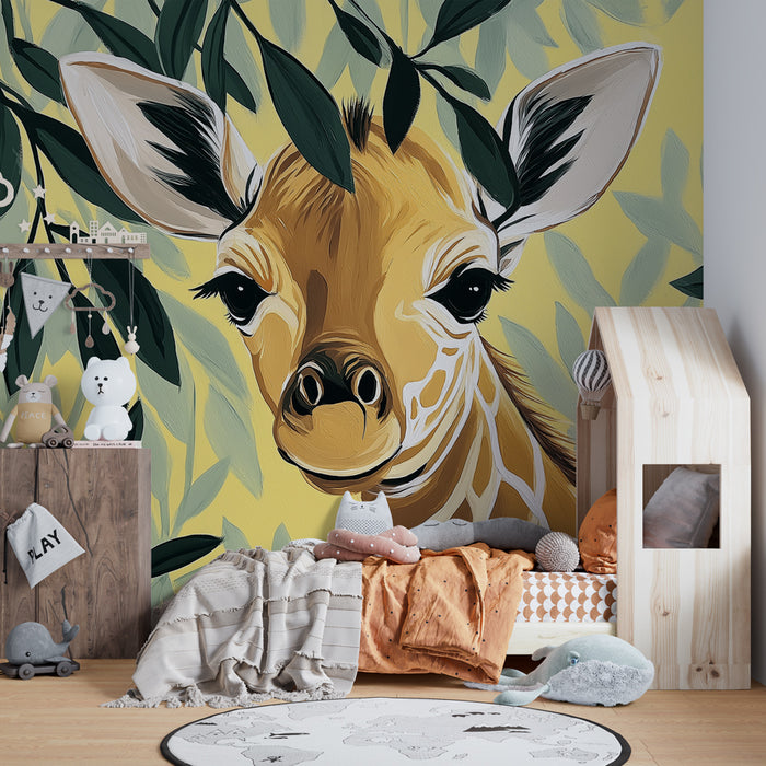 Papel de parede quarto bebê | Doce girafa entre as folhagens