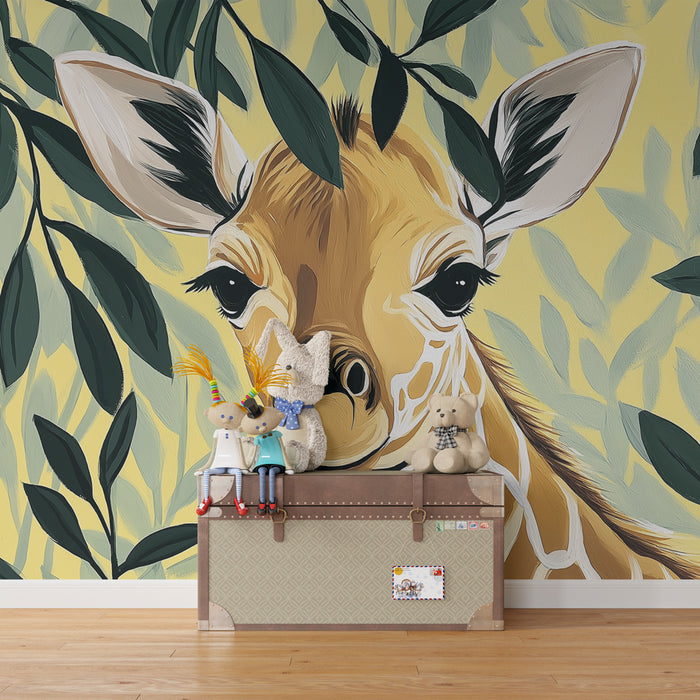 Papel de parede quarto bebê | Doce girafa entre as folhagens
