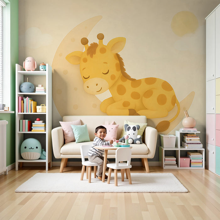 Papel de parede quarto bebê | Doce girafa em um crescente de lua