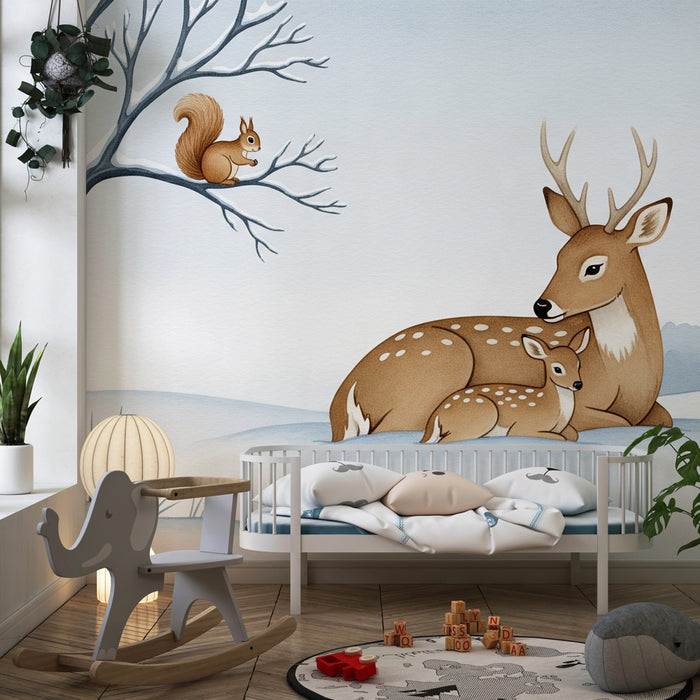 Papel de parede quarto bebê | Suaves veados no inverno
