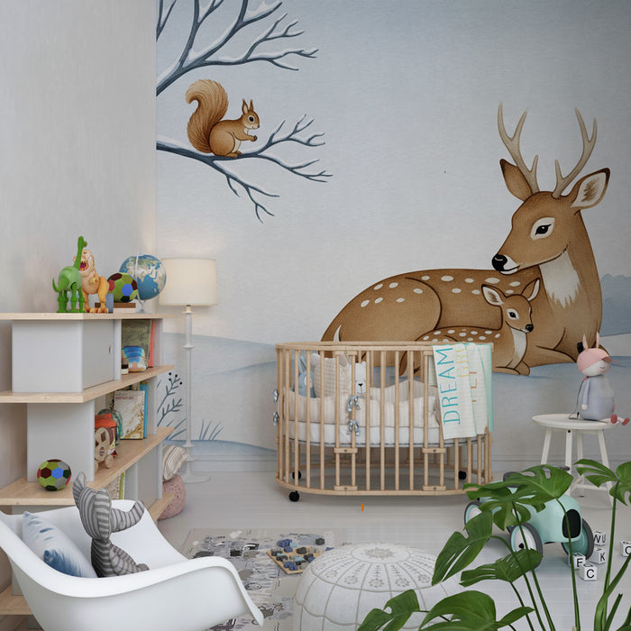 Papel de parede quarto bebê | Suaves veados no inverno