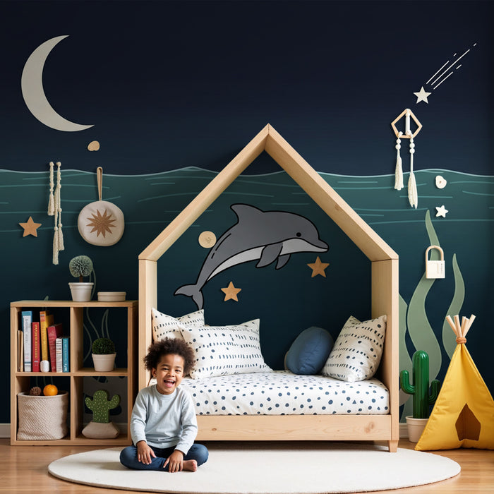 Papel de parede quarto bebê | Nežnost morja z delfini in zvezdami