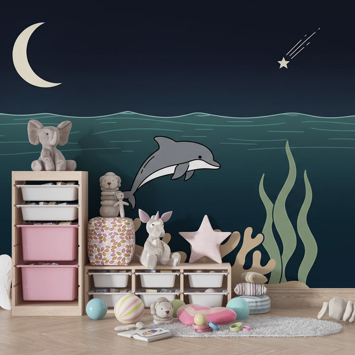 Papel de parede quarto bebê | Nežnost morja z delfini in zvezdami