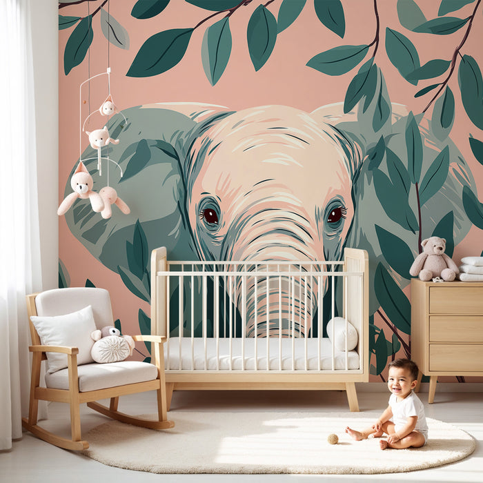 Papier peint chambre bébé | Élégant éléphant et feuillage tropical