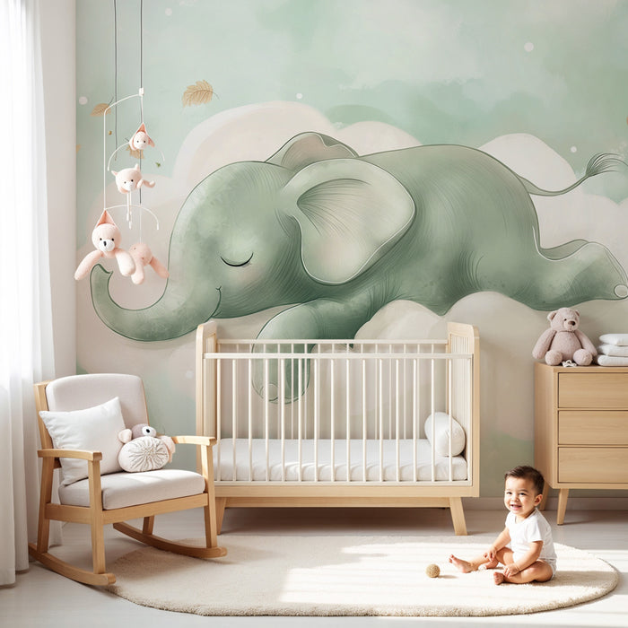 Papier peint chambre bébé | Éléphant endormi sur un nuage