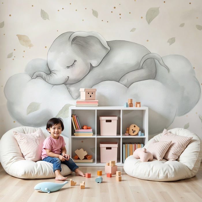 Papier peint chambre bébé | Eléphant endormi sur un nuage