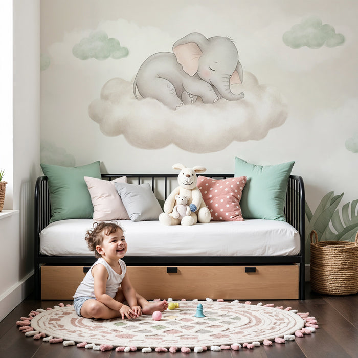 Papier peint chambre bébé | Éléphant endormi sur un nuage