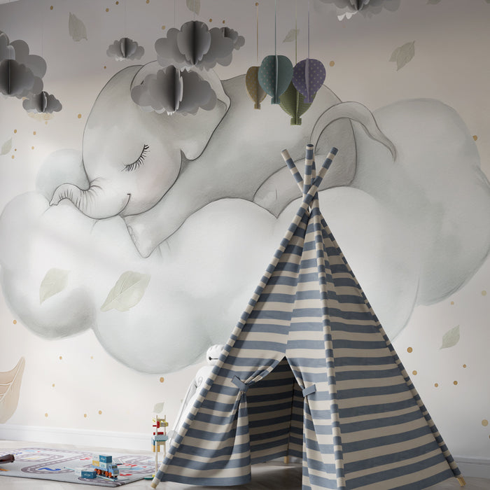 Papier peint chambre bébé | Eléphant endormi sur un nuage