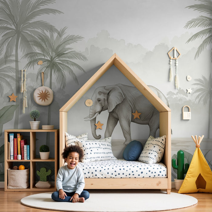 Papier peint chambre bébé | Éléphant majestueux et jungle apaisante