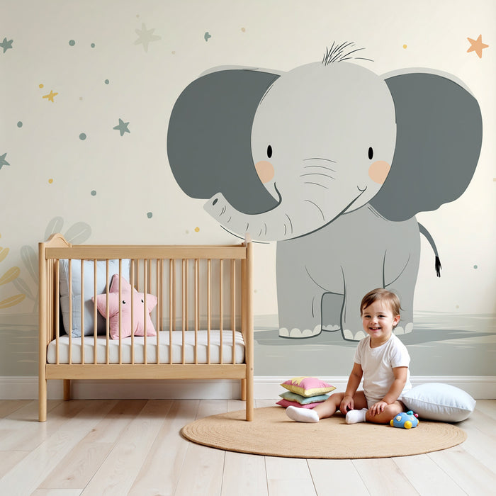 Papel de parede quarto bebê | Bonito elefante e estrelas coloridas