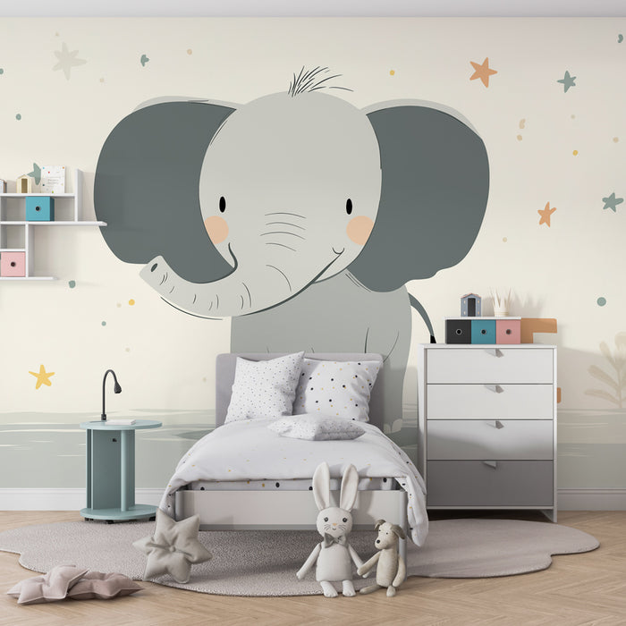 Papel de parede quarto bebê | Bonito elefante e estrelas coloridas
