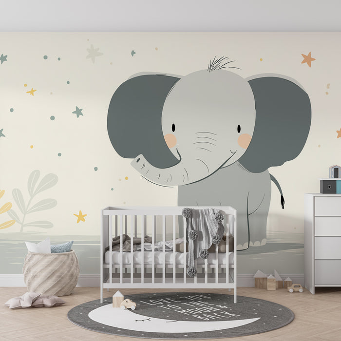 Papel de parede quarto bebê | Bonito elefante e estrelas coloridas