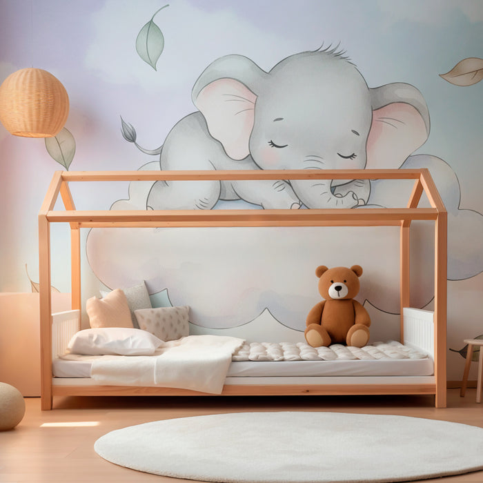 Papier peint chambre bébé | Éléphant mignon sur un nuage
