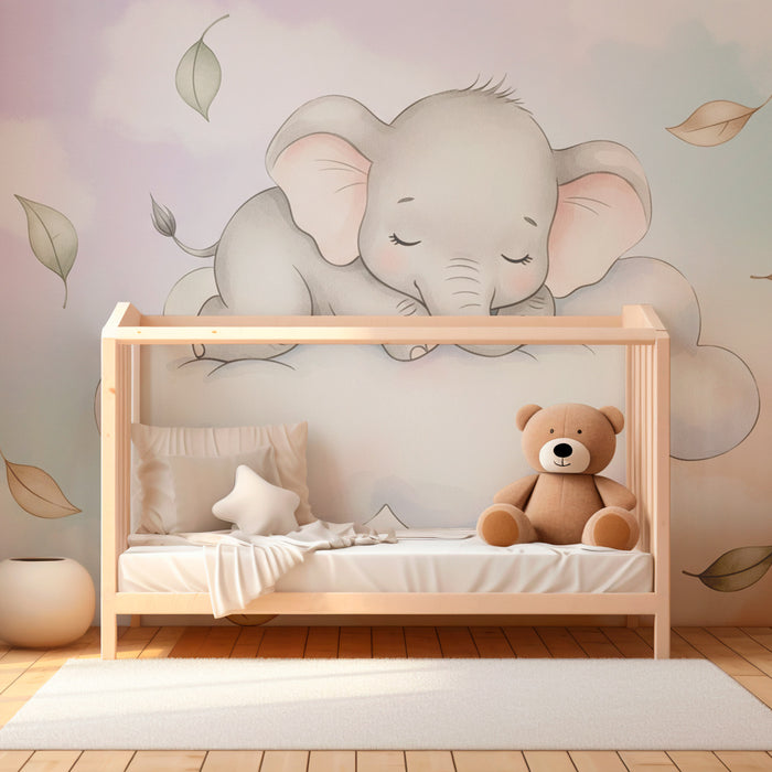 Papier peint chambre bébé | Éléphant mignon sur un nuage