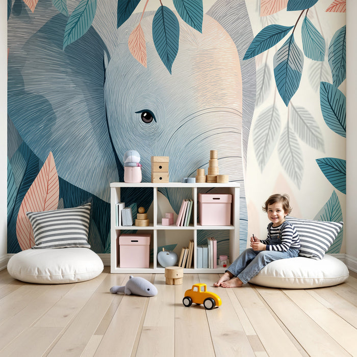 Papier peint chambre bébé | Eléphant paisible parmi les feuillages