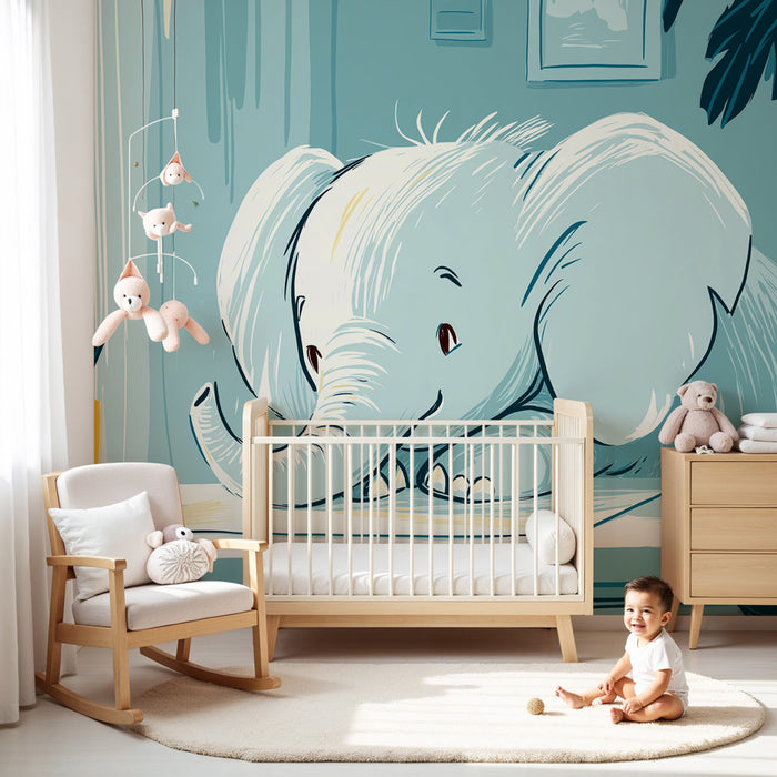 Babykamer behang | Studieuze olifant in een zachte ruimte