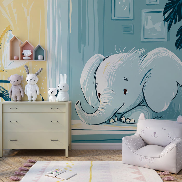 Babykamer behang | Studieuze olifant in een zachte ruimte