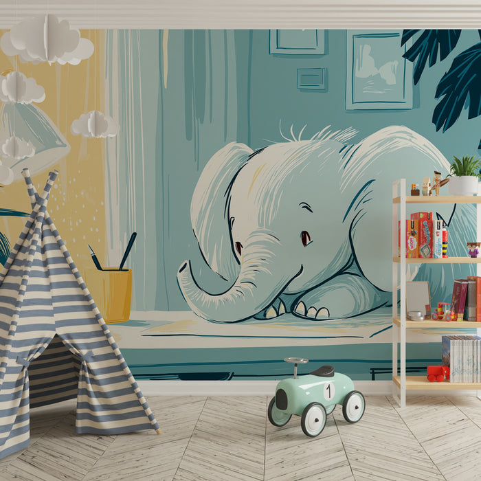 Babykamer behang | Studieuze olifant in een zachte ruimte