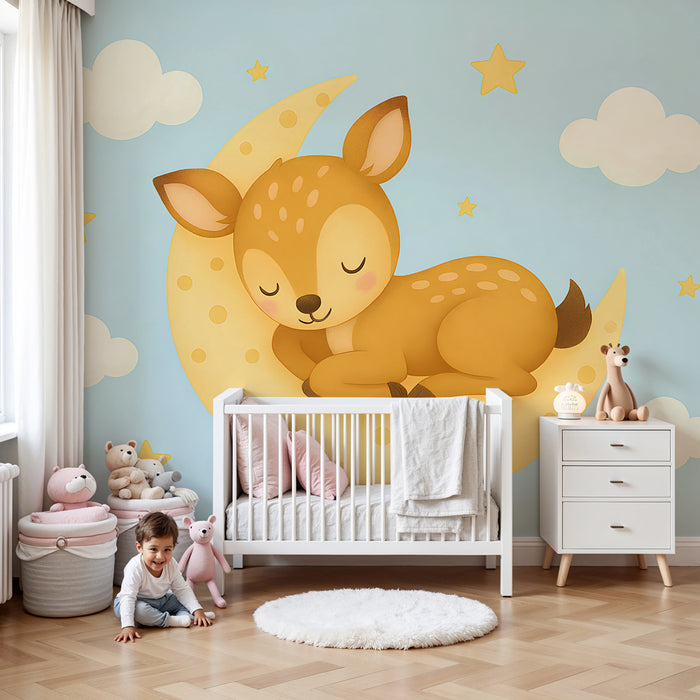 Papier peint chambre bébé | Étoiles et faons endormis sur la lune