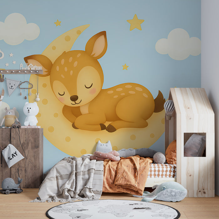 Papier peint chambre bébé | Étoiles et faons endormis sur la lune