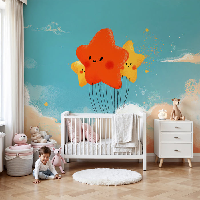 Papier peint chambre bébé | Étoiles souriantes dans les nuages
