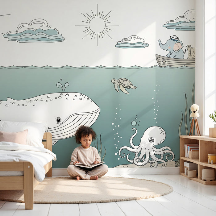 Papier peint chambre bébé | Explorations marines avec éléphant et baleine