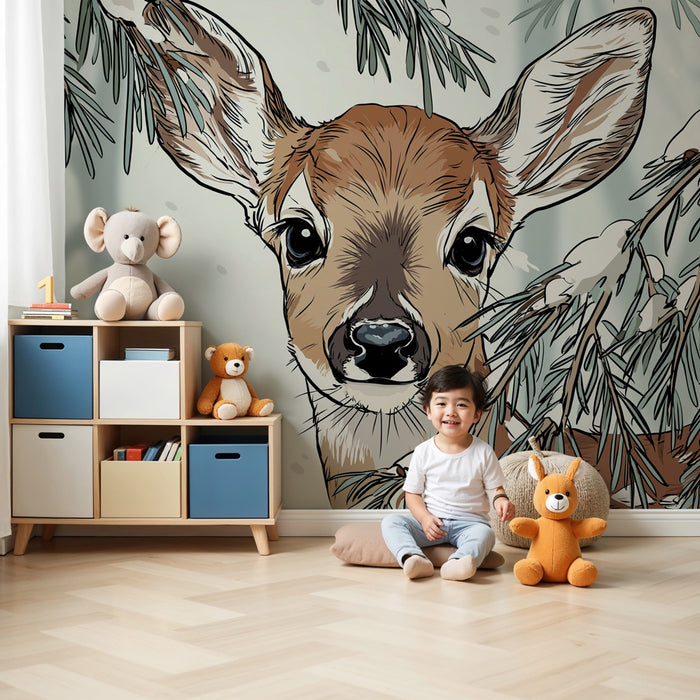 Babyzimmer Tapete | Neugieriges Reh im Herzen des Waldes