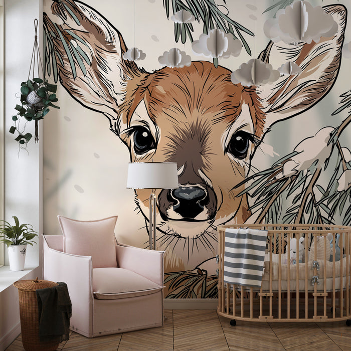 Papel de parede quarto bebê | Cervo curioso no coração da floresta