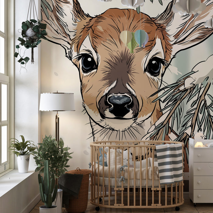 Papel de parede quarto bebê | Cervo curioso no coração da floresta