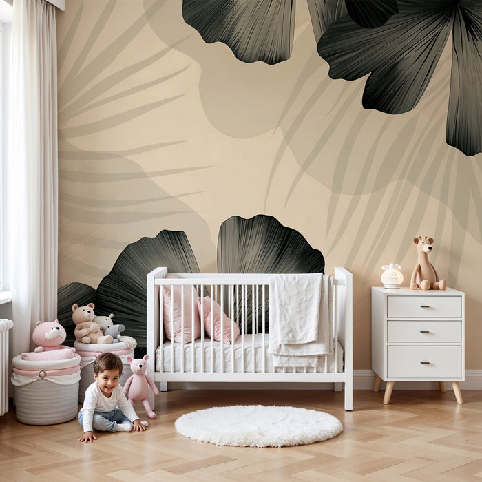 Papel de parede quarto bebê | Folhas exóticas em um fundo calmante