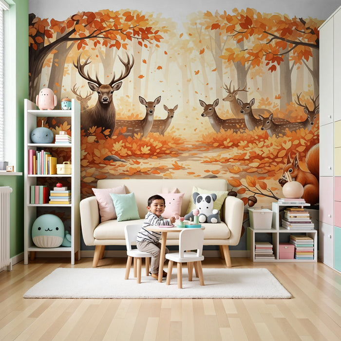 Papier peint chambre bébé | Forêt d'automne avec animaux