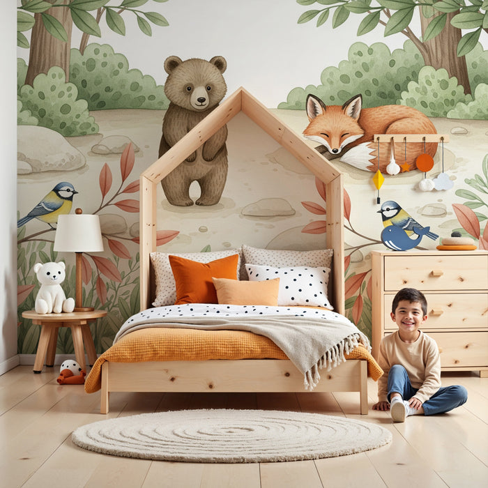 Papel de parede quarto bebê | Μαγικό δάσος με αρκούδα και αλεπού