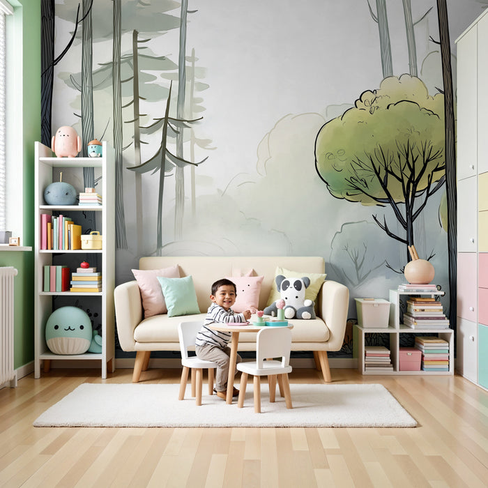 Papier peint chambre bébé | Forêt mystérieuse avec brume