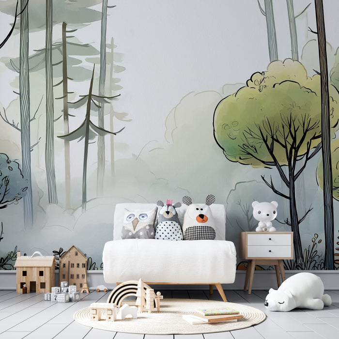 Papier peint chambre bébé | Forêt mystérieuse avec brume
