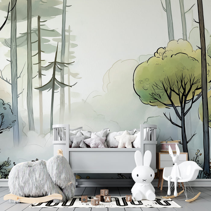 Papier peint chambre bébé | Forêt mystérieuse avec brume